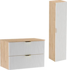 Zestaw Łazienkowy 80cm Szafka Blat Słupek Ryflowane Fronty Biały / Dąb Orzech