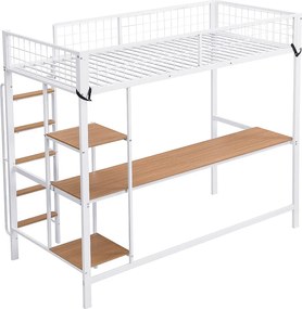 Łóżko mezzanine 90x200cm - z biurkiem i półką - z drabiną 5 stopni - z siatką zabezpieczającą - metal + MDF - biały (bez materaca)
