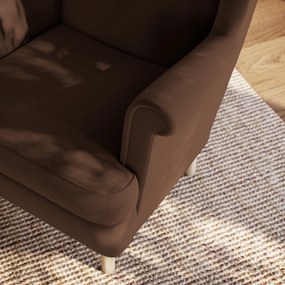 Stylowy fotel LENTIO, tapicerowany brązową tkaniną, ekskluzywny model do salonu