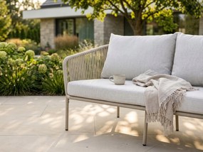 Zestaw mebli ogrodowych beżowy aluminium sofa fotele stolik sznurowanie