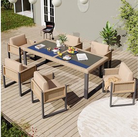 Zestaw ogrodowy stół i 6 krzeseł z polirattanu - stal ocynkowana, rattan PE, szkło hartowane - brązowy + czarny