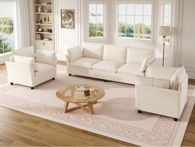 Modułowy zestaw sof 3+1+1 „efekt chmury” z tkaniny szenilowej, sofa 3-osobowa i 2 ergonomiczne fotele, styl nowoczesny - beżowy