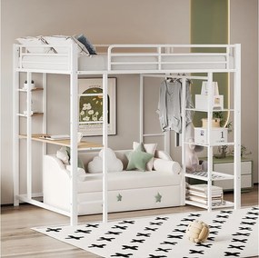 Łóżko piętrowe 90 x 200 cm z biurkiem i półkami do przechowywania - metalowe - stelaż listwowy - białe (bez materaca)