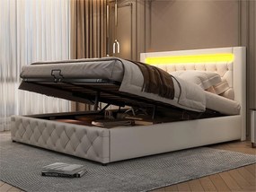 Łóżko ze schowkiem i zagłówkiem - 140 x 200 cm - skóra ekologiczna - LED - stelaż z listew - styl nowoczesny - białe