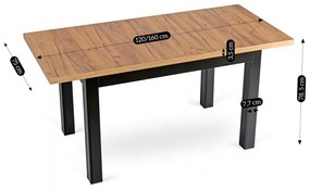 Stół Prostokątny Rozkładany SKUBI 120-160 cm Dąb Craft/Czarny Nowoczesny Loft