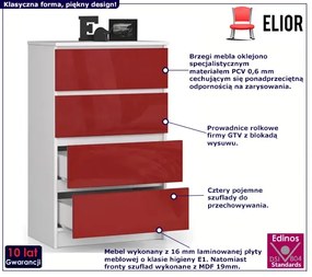 Młodzieżowa komoda z szufladami biała + czerwona połysk - Ranti 4X