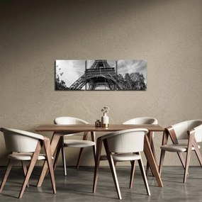 Obraz - Wieża Eiffla, czarno-biały (z zegarem) (90x30 cm)