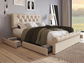 Łóżko tapicerowane w tkaninie lnianej - 140x200cm - z 2 szufladami - regulowane wezgłowie - Jasny naturalny