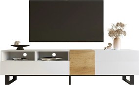 Nowoczesna szafka RTV z 2 szufladami, 2 przegrodami i 1 drzwiami - 180 x 38 x 50 cm - MDF - Biała