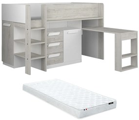Łóżko na antresoli 90 x 200 cm - Z biurkiem i ze skrzynią - Biały i naturalny + Materac - LOUKALA