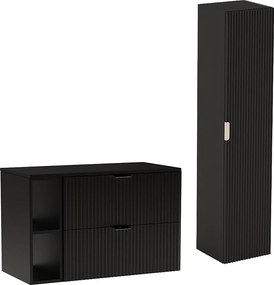 Czarny Zestaw Łazienkowy 100cm Szafka Regał Blat Słupek Ryflowane Fronty