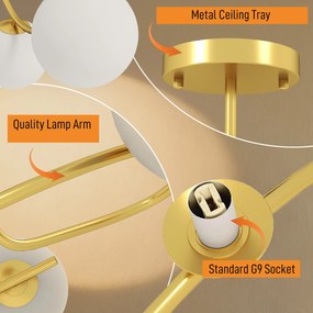 HOMCOM Lampa sufitowa 20 W z 5 gniazdami G9, elegancki złoto-biały wygląd, bez żarówek | Aosom PL