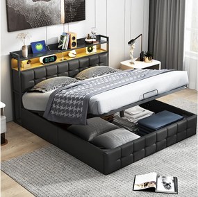 Łóżko tapicerowane ze schowkiem 160x200 cm w skórze - z diodą LED i portem ładowania - czarne