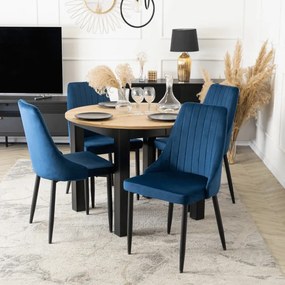 Zestaw Stół Okrągły Rozkładany HARRY 102-142 cm Dąb Artisan/Czarny i 4 Krzesła Tapicerowane BARI Granatowe Nowoczesne