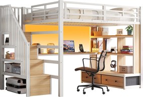 Łóżko na antresoli metalowe 140x200cm z LED - z biurkiem i półkami - 2 szuflady i drabina z pojemnikami - Biały​ (bez materaca)
