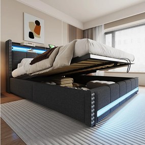 Podwójne tapicerowane łóżko ze schowkiem - 180 x 200 cm - z diodami LED + USB + zagłówek ze schowkiem - len + metal + sklejka + MDF - szary