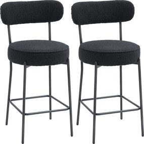 HOMCOM Zestaw 2 barstoli z tapicerowanym siedziskiem i podnóżkiem, pokryciem z polaru, ramą metalową, czarny