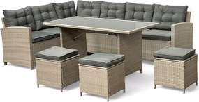 Narożnik ogrodowy ze stołem i pufami Mexico 019 jasny beż, poduszki szare