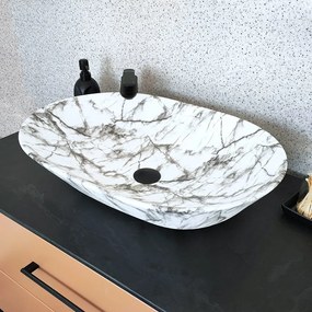 Umywalka  ceramiczna nablatowa owalna marmurowa biała bez otworu na baterię 60 x 42 cm MARMO White
