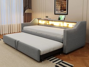 Łóżko piętrowe 90/180x190cm z lnu - z LED i USB - z stelażem na listwy - Jasnoszare