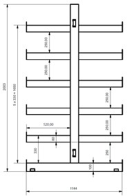 Regał wspornikowy, dwustronny, 2000 x 2700 x 1144 mm, 6 półek