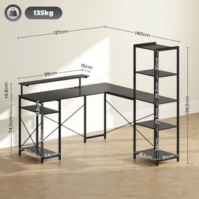 HOMCOM Biurko narożne L-kształtne z ładowarką, komputer stół narożny z podstawką pod monitor i półkami, do domowego biura, czarne