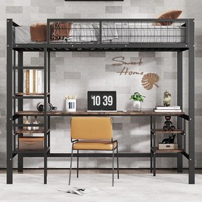 Łóżko piętrowe 90 x 200 cm z biurkiem i półkami do przechowywania - Żelazo + płyta wiórowa - dla dzieci - Czarno-brązowe
