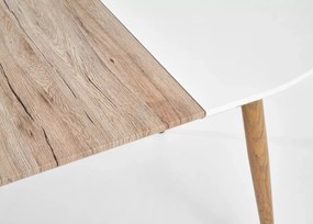 Nowoczesny owalny stół Tonga 120-200 cm z rozkładanym białym lakierowanym blatem MDF i nogami w kolorze dębu