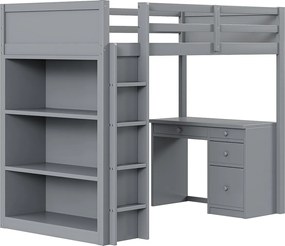 Łóżko piętrowe 90 x 200 cm z biurkiem, półkami, szufladami i drabinką, drewno MDF, kolor szary