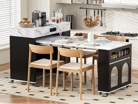 Centralna wyspa kuchenna - stół rozsuwany - z gniazdkiem elektrycznym - z kółkami i miejscem do przechowywania - z haczykiem - Czarny+Biały