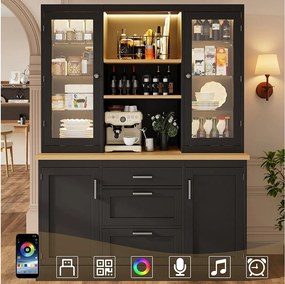 Wysoka komoda kuchenna - 140 x 40 x 185 cm - z 3 szufladami + 2 drzwiami do przechowywania + diodami LED + półkami - MDF - czarna