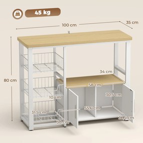 HOMCOM Regał kuchenny do przechowywania z wysuwanymi koszami i szafką, podstawa pod mikrofalówkę, 100 x 35 x 80 cm, biały | Aosom PL