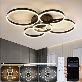 Lampa sufitowa LED NETTLIFE do salonu, ściemnialna, 78 W, 3000–6500 K, 5 pierścieni, nowoczesna, złota, akrylowa, z pilotem