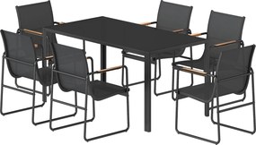 Outsunny Zestaw Mebli Ogrodowych 150 x 80cm Stół Szklany z 6 Oddychającymi Krzesłami Dekoracyjne Podłokietniki Czarny | Aosom PL