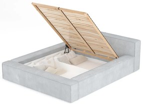 Szaroniebieskie tapicerowane łóżko dwuosobowe ze schowkiem ze stelażem 200x200 cm Voliera – Maison de Rêve
