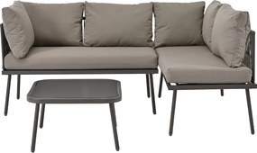 Komfortowy 4-osobowy zestaw mebli ogrodowych narożnych - 2 sofy i 1 stolik kawowy + 8 poduszek na siedziska i oparcia - żelazo i lina - szary