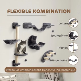 PawHut 4-częściowy zestaw drabinek dla kotów z hamakiem i mostkiem do 5 kg, ciemnoszary