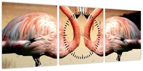 Obraz - dwa flamingi (z zegarem) (90x30 cm)