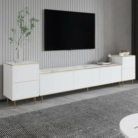 Stolik pod telewizor z szafkami Imej White Marble and Gold