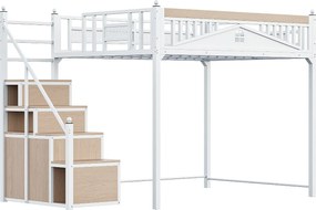 Łóżko antresolowe metalowe 140x200 cm - z drabinką ze schowkiem - Białe (materac nie jest dołączony)