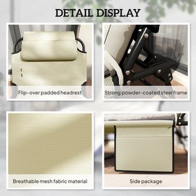 Outsunny Składany Leżak z 4-stopniową Regulacją Oparcia, Poduszką, Boczną Kieszenią, Zagłówkiem, 68 x 189 x 30 cm, Beżowy