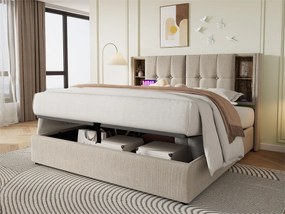 Łóżko z tapicerowanym stelażem 160x200 cm - z bezprzewodowym ładowaniem i schowkiem - tkanina lniana - Beżowy