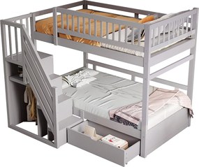 Łóżko piętrowe dla dzieci - 2 x 90 x 200 cm - z 1 szufladą + schowkiem schodowym - drewno + płyta MDF - szare