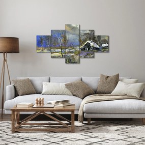 Obraz chaty w zimowym krajobrazie, obraz olejny (125x70 cm)