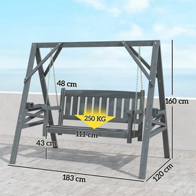 Outsunny 2-osobowa huśtawka ogrodowa z drewna, ławka bujana z półkami, uchwytami na napoje i łańcuchami, szara | Aosom PL