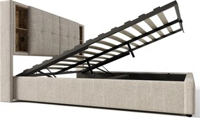 Łóżko 140x200 cm z pojemnikiem na pościel - z zagłówkiem i schowkiem, USB i typ C, stelaż - len - naturalny - materac wliczony w cenę