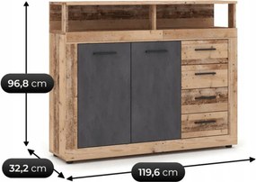 Komoda Dwudrzwiowa z Szufladami BLAGO MIDI A 119,6 cm Surowy Dąb/Czarny Loft
