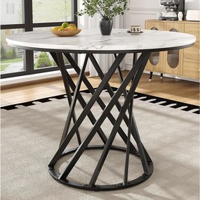 Okrągły stół jadalny - nogi metalowe - okleina z wzorem marmuru - dla 2 do 4 osób - MDF - Biały & Czarny