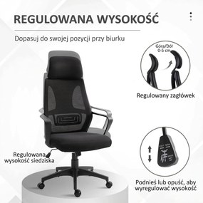 Vinsetto Krzesło Biurowe, Krzesło Biurkowe z Funkcją Bujania, Regulowane z Podparciem Głowy, Wsparciem Lędźwiowym - Czarny