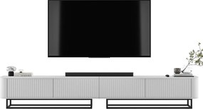 Szafka RTV 4-drzwiowa, fronty ryflowane, biały mat, czarne metalowe nogi, 280 cm - AURORA